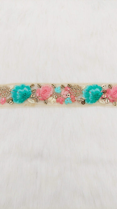 9 Yards Blue and Pink Soft Net Lace Trim Floral Embroidery and Gold Sequins, Floral Sari Border, Decorative Trim